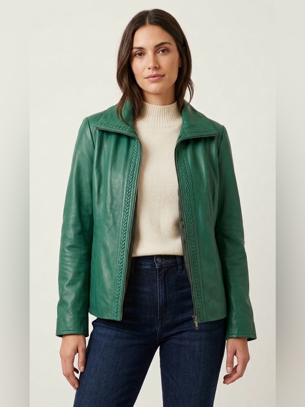 Vintage Emerald Green Leather Woven Statement Jacket by Guillaume (Size Large)